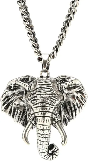 Eseres Antique Silver Elephant Necklace for Men Alloy Pendant Necklace with 20" Cuban Chain - Men's Necklace - Unity and Loyalty