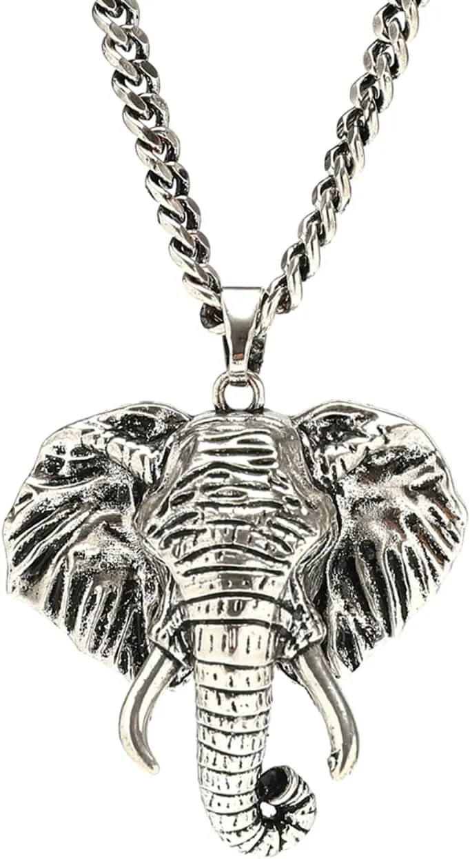 Eseres Antique Silver Elephant Necklace for Men Alloy Pendant Necklace with 20" Cuban Chain - Men's Necklace - Unity and Loyalty