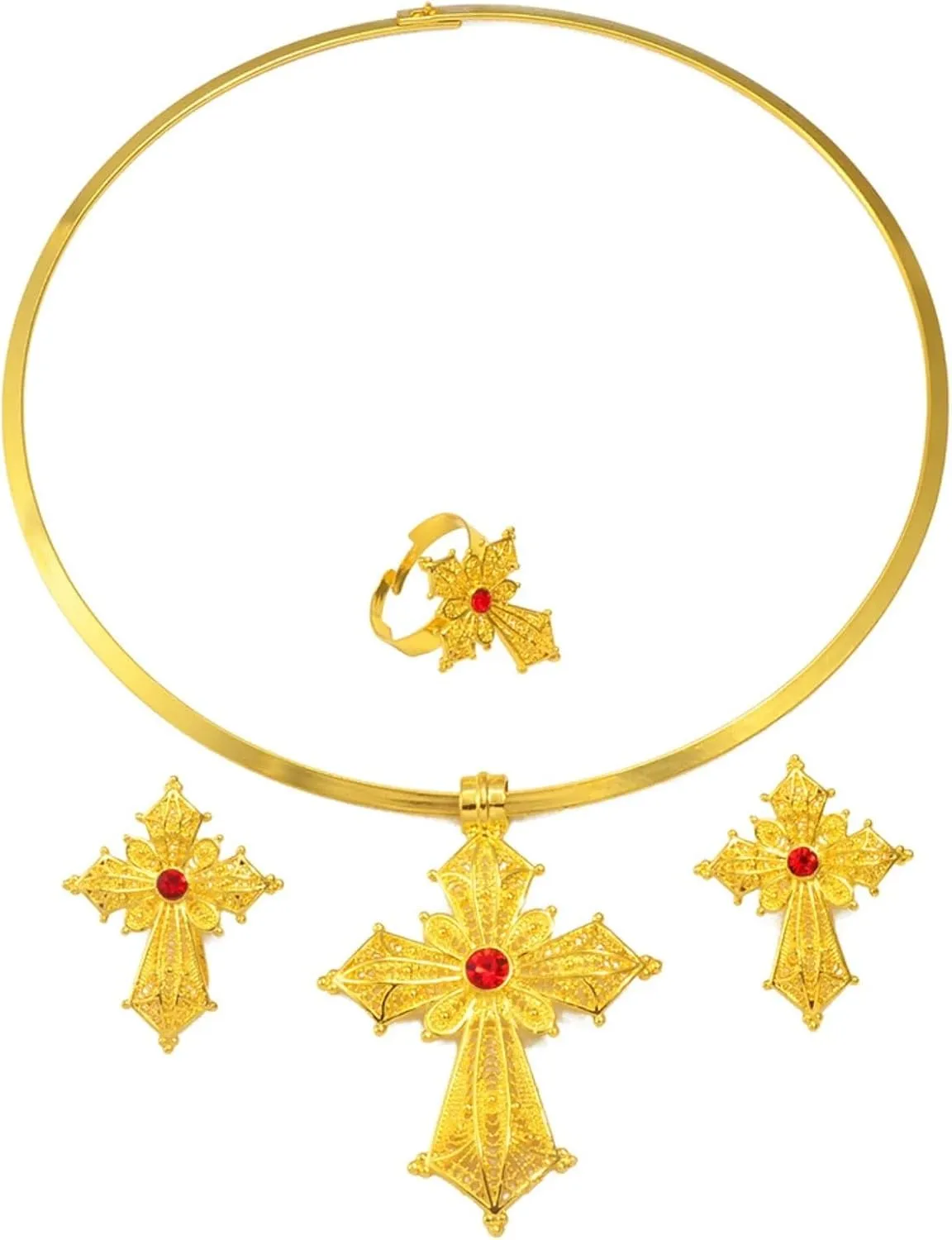 Ethiopian Jewelry for Women Set - Ethiopian Jewelry - Ethiopian Cross - Ethiopian Jewelry Sets Choker Collar Necklace Earrings Rings African Eritrean Accessories Engagement Wedding