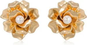 Ettika Gold Earrings For Women. Stud Earrings. Golden Petals and Pearl,18k Gold Plated Earrings. Jewelry, Birthday Gifts For Women