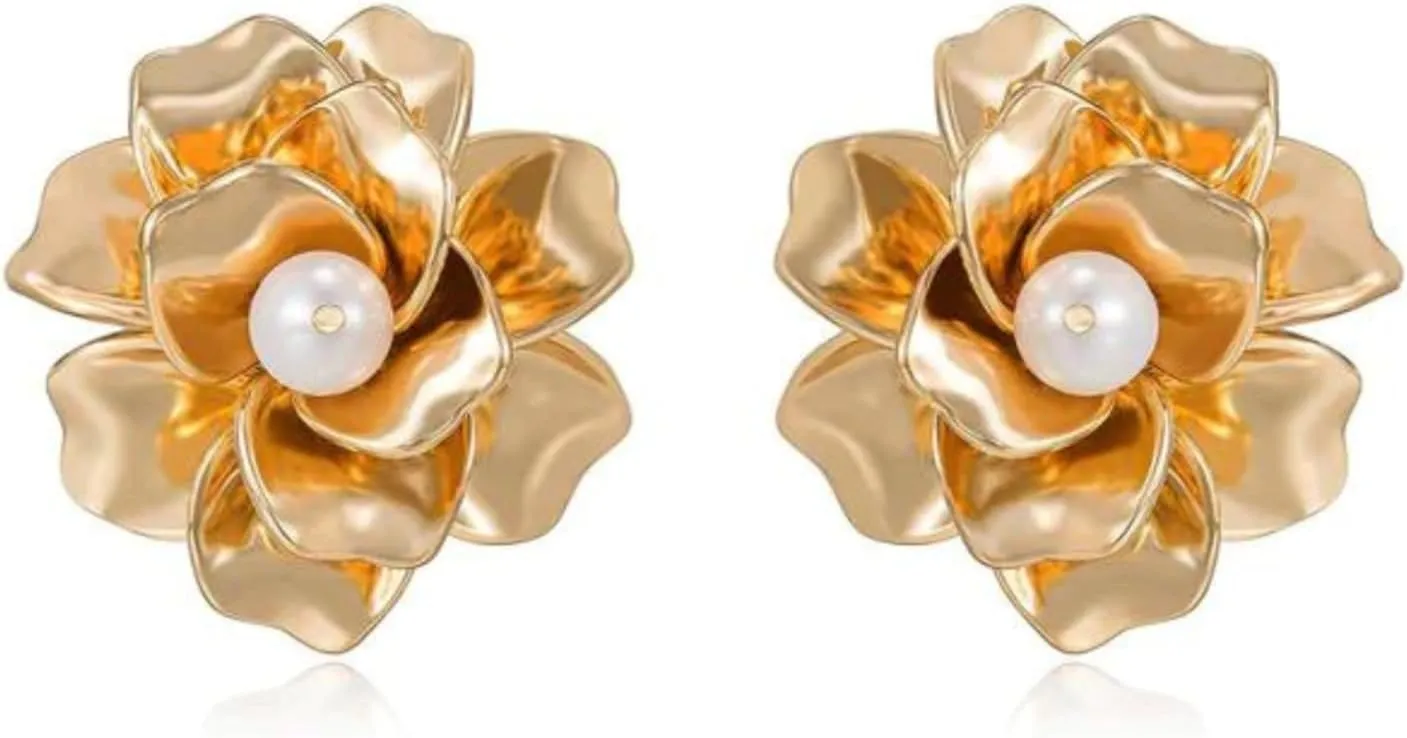 Ettika Gold Earrings For Women. Stud Earrings. Golden Petals and Pearl,18k Gold Plated Earrings. Jewelry, Birthday Gifts For Women