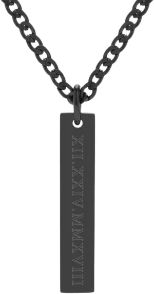 EVE'S ADDICTION Custom Engraved Men's Black Stainless Steel Roman Numeral Date Vertical Bar Pendant, 20" Long Chain - Men's Necklaces - Personalized Jewelry for Him - Gifts for Dad