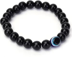 Evil Eye Protection Bracelet, 6mm Black Onyx Beads, Elastic Stretch Design, Men's and Boys' Sizes