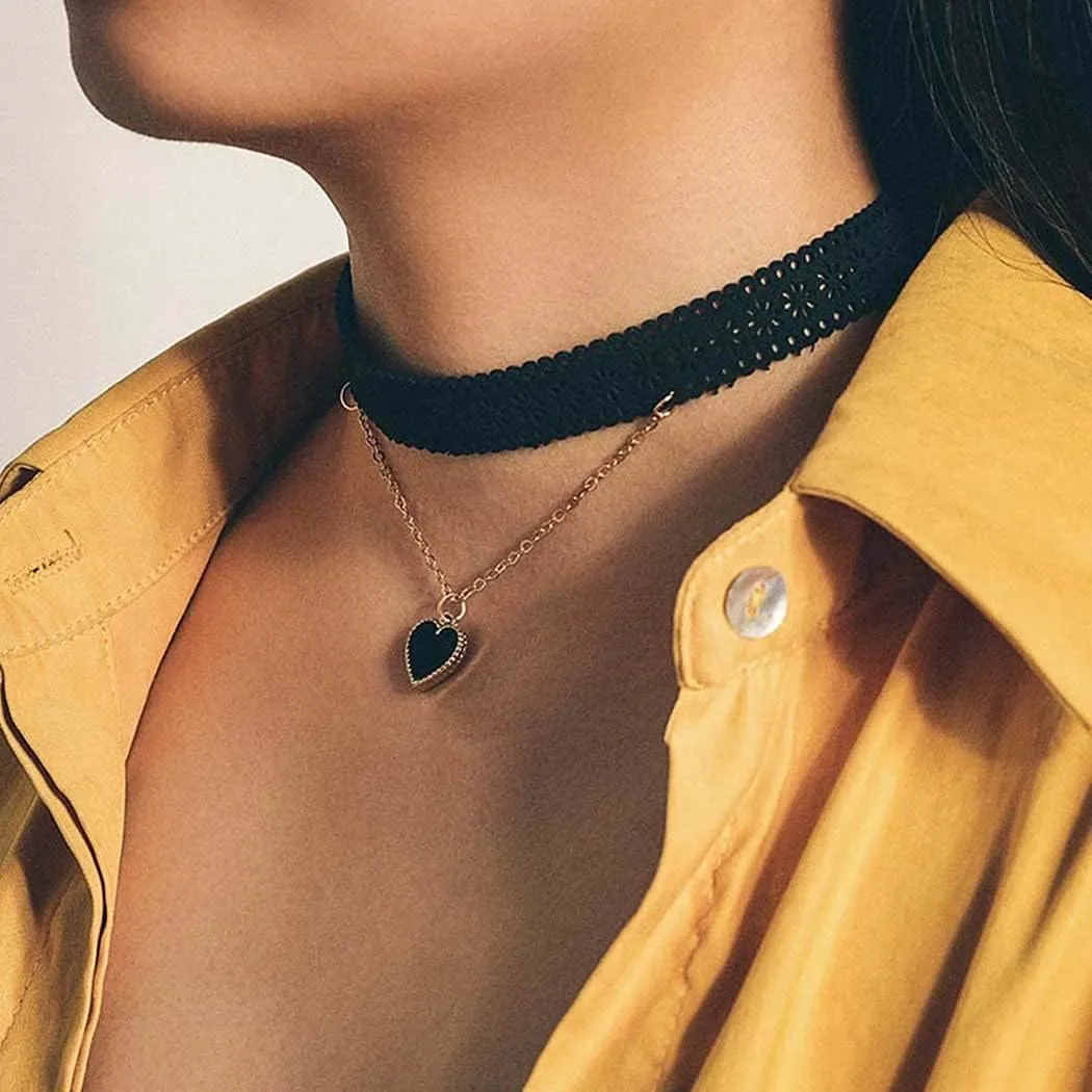 EVILD Layered Choker Black Heart Pendant Choker Necklace Halloween Goth Short Necklaces Tattoo Party Chokers for Women
