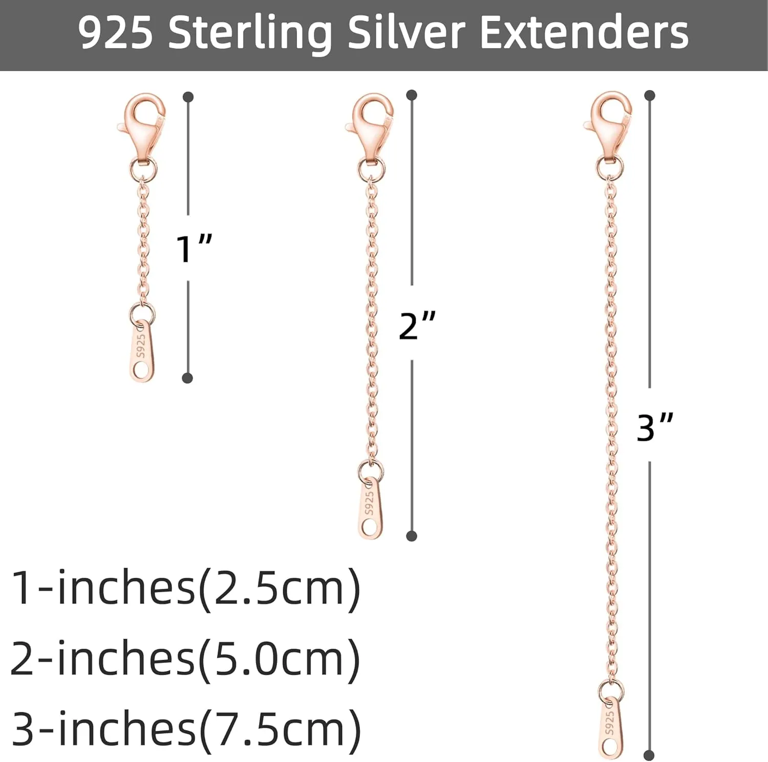 Extenders Chain Necklace Rose Gold Plated Sterling Silver Extender for Necklaces Lobster Claw Clasps Chain Extender Necklace 3 Piece Set, 1" 2" 3" inch in Rose Gold