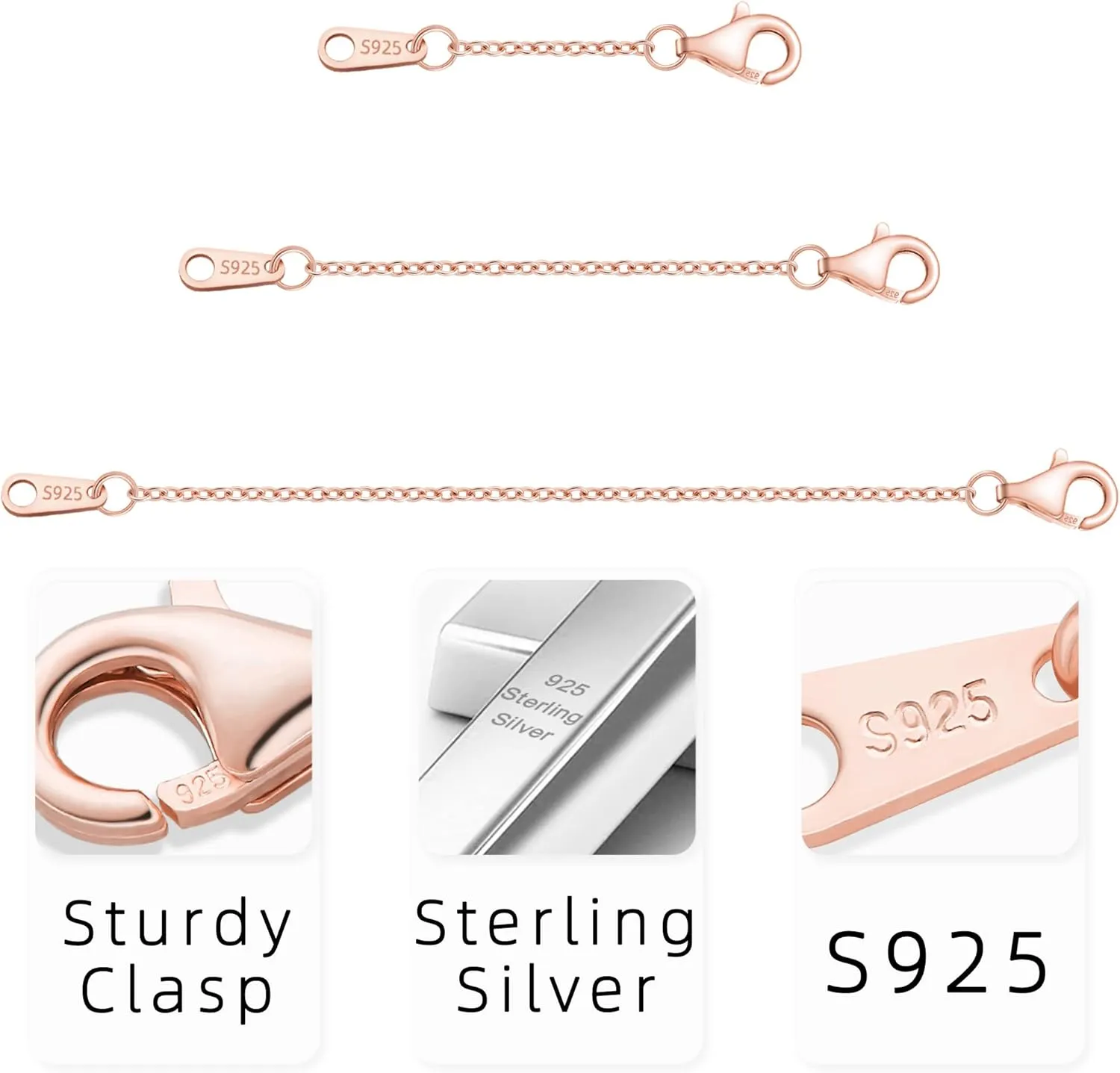 Extenders Chain Necklace Rose Gold Plated Sterling Silver Extender for Necklaces Lobster Claw Clasps Chain Extender Necklace 3 Piece Set, 1" 2" 3" inch in Rose Gold