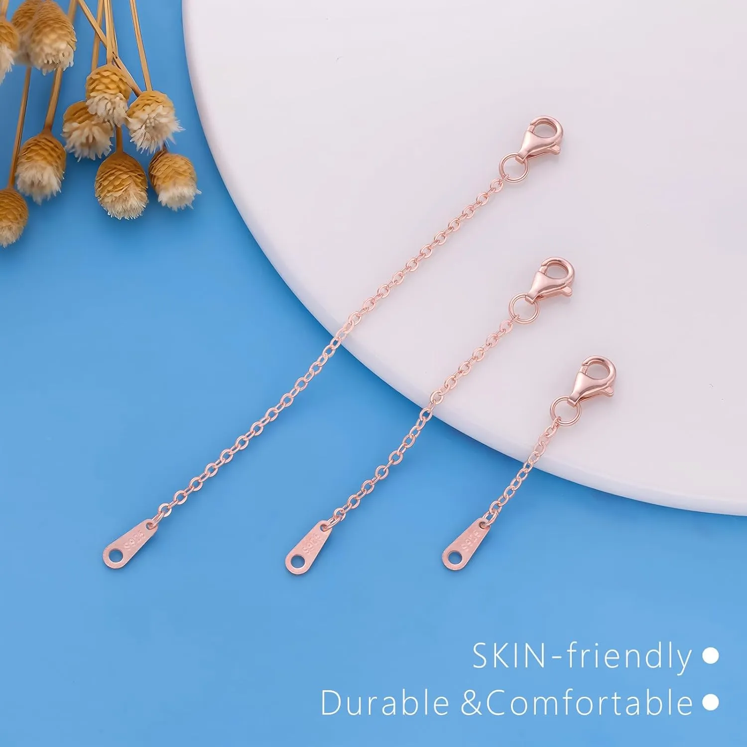 Extenders Chain Necklace Rose Gold Plated Sterling Silver Extender for Necklaces Lobster Claw Clasps Chain Extender Necklace 3 Piece Set, 1" 2" 3" inch in Rose Gold