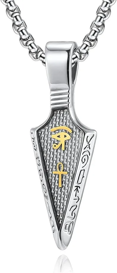 Eye of Horus Arrowhead Necklace Egyptian Protection Ankh Cross Amulet Pendant on 24 2 Stainless Steel Adjustable Chain