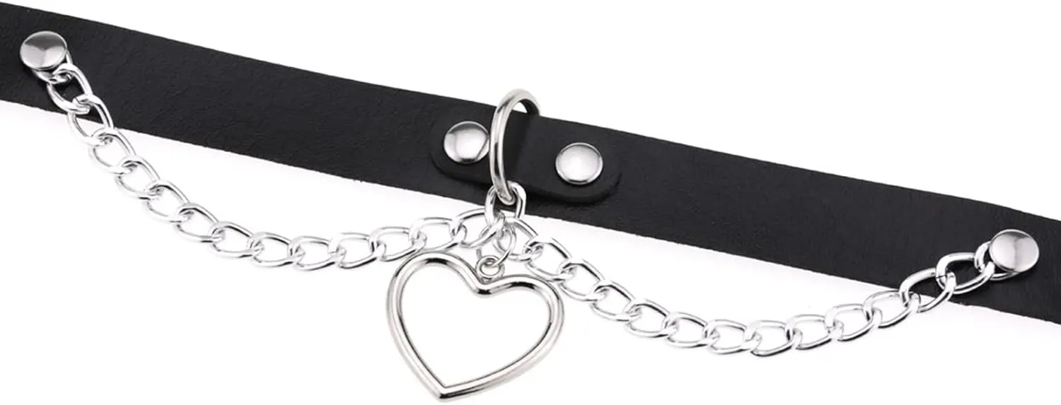 eYLun Women Leather Heart Chain Necklace - Punk Goth Choker Collar