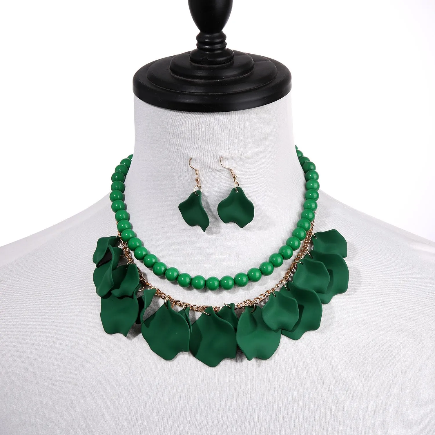FAERLIIRY Flower Petal Necklace Earrings Set Layered Statement Necklace Beaded Necklace Jewelry Set for Women Summer Necklace Earrings