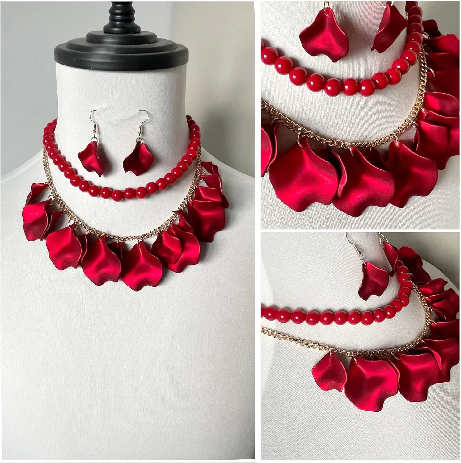 FAERLIIRY Flower Petal Necklace Earrings Set Layered Statement Necklace Beaded Necklace Jewelry Set for Women Summer Necklace Earrings