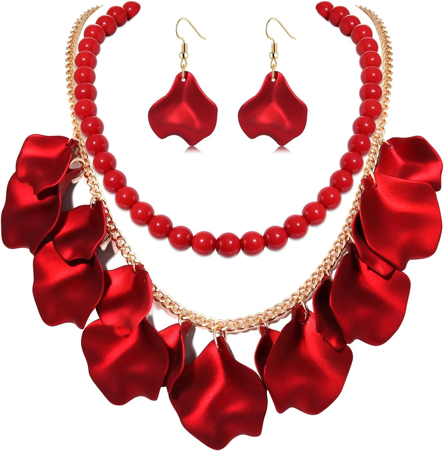 FAERLIIRY Flower Petal Necklace Earrings Set Layered Statement Necklace Beaded Necklace Jewelry Set for Women Summer Necklace Earrings