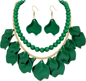 FAERLIIRY Flower Petal Necklace Earrings Set Layered Statement Necklace Beaded Necklace Jewelry Set for Women Summer Necklace Earrings