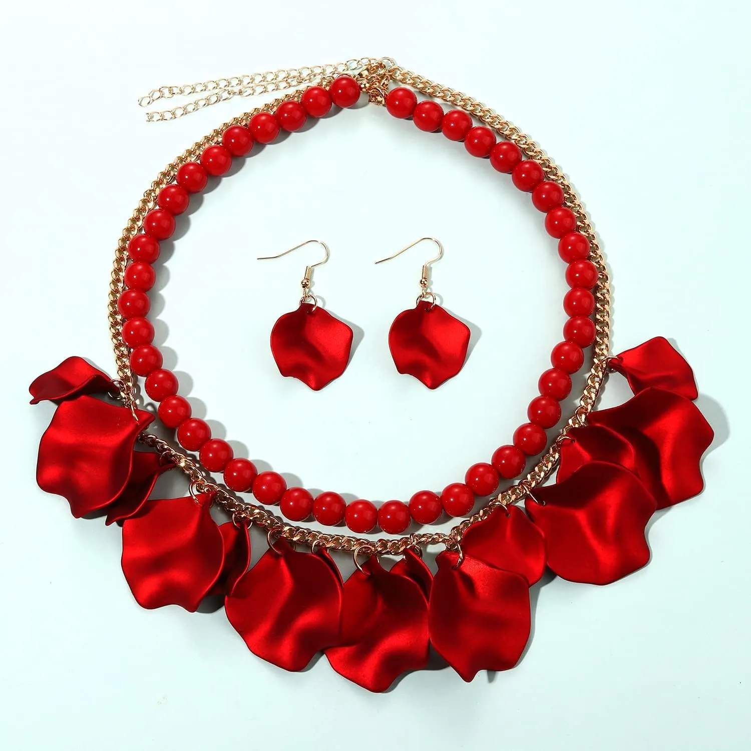 FAERLIIRY Flower Petal Necklace Earrings Set Layered Statement Necklace Beaded Necklace Jewelry Set for Women Summer Necklace Earrings