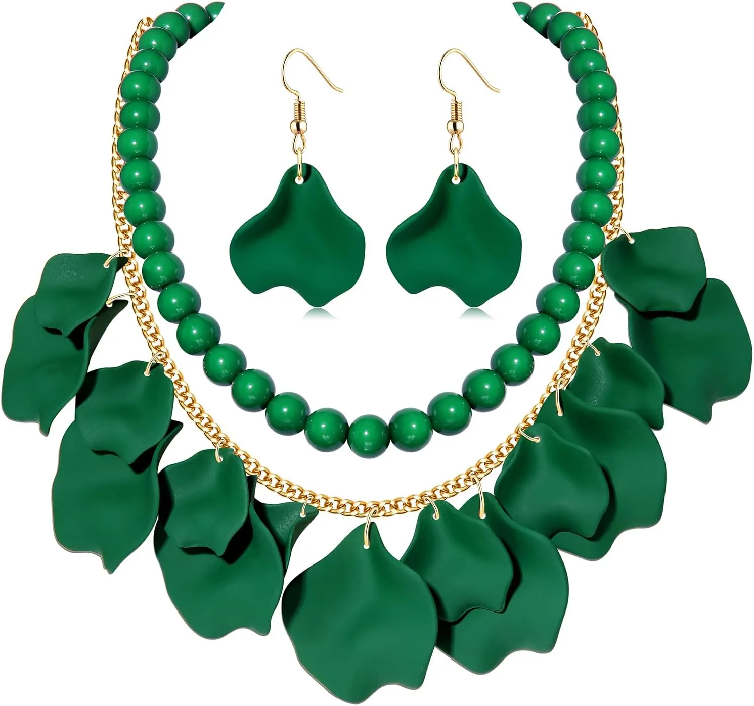 FAERLIIRY Flower Petal Necklace Earrings Set Layered Statement Necklace Beaded Necklace Jewelry Set for Women Summer Necklace Earrings