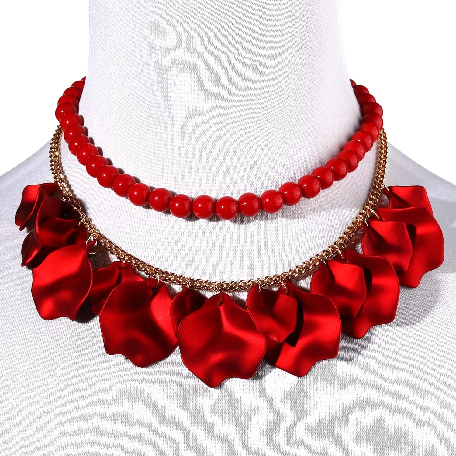 FAERLIIRY Flower Petal Necklace Earrings Set Layered Statement Necklace Beaded Necklace Jewelry Set for Women Summer Necklace Earrings