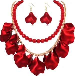FAERLIIRY Flower Petal Necklace Earrings Set Layered Statement Necklace Beaded Necklace Jewelry Set for Women Summer Necklace Earrings