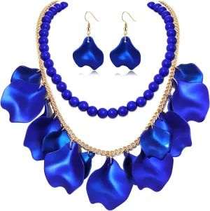 FAERLIIRY Flower Petal Necklace Earrings Set Layered Statement Necklace Beaded Necklace Jewelry Set for Women Summer Necklace Earrings