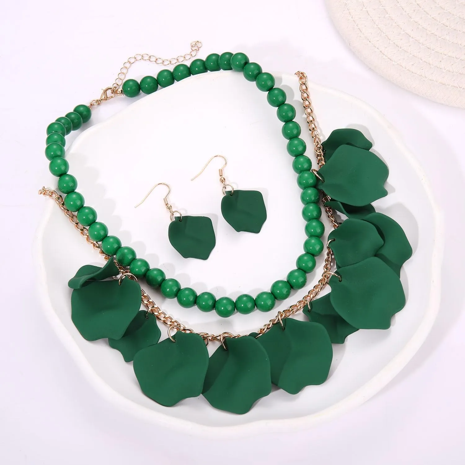 FAERLIIRY Flower Petal Necklace Earrings Set Layered Statement Necklace Beaded Necklace Jewelry Set for Women Summer Necklace Earrings
