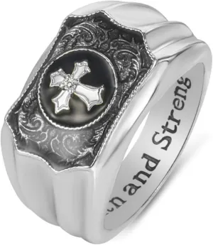 Faith Love Cross Hope Strength Ring - Exaggerated styling ring, S925 Sterling Silver with Gold-tone and Simulated Black Onyx Cross, For Him Man US10