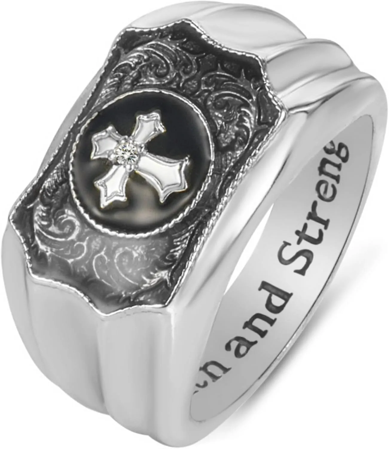 Faith Love Cross Hope Strength Ring - Exaggerated styling ring, S925 Sterling Silver with Gold-tone and Simulated Black Onyx Cross, For Him Man US10