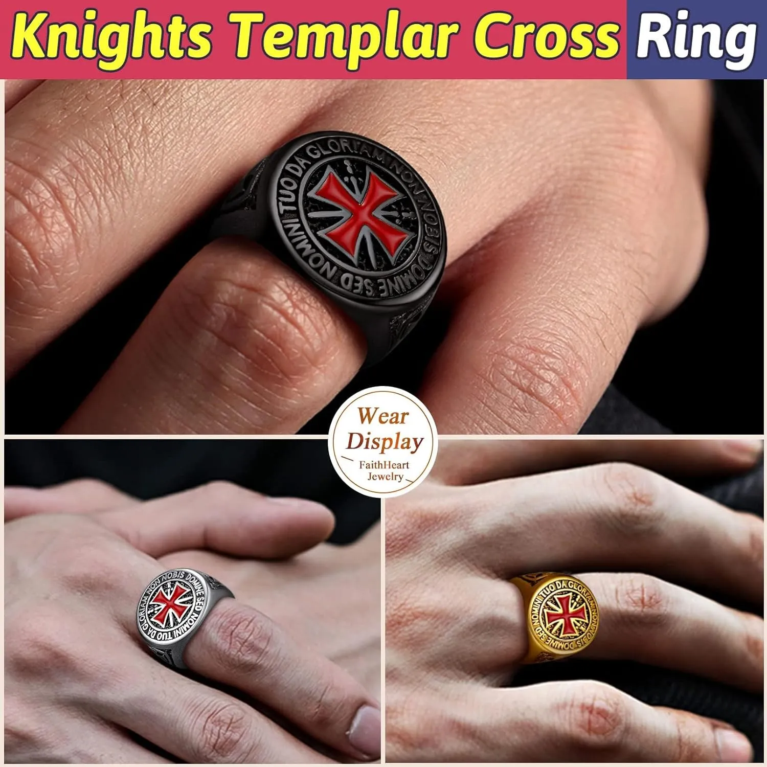 FaithHeart Mens Stainless Steel Crusader Jerusalem Cross Ring with 18K Gold Plated Two Tone Ring Size 7,8,9,10,11,12