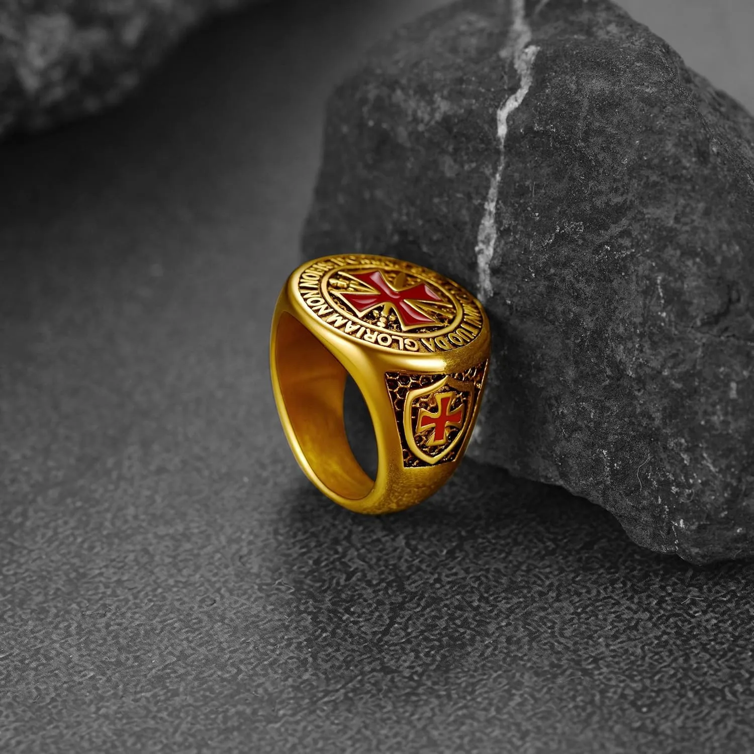 FaithHeart Mens Stainless Steel Crusader Jerusalem Cross Ring with 18K Gold Plated Two Tone Ring Size 7,8,9,10,11,12