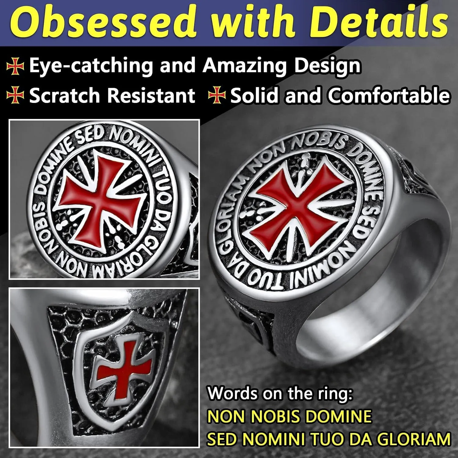 FaithHeart Mens Stainless Steel Crusader Jerusalem Cross Ring with 18K Gold Plated Two Tone Ring Size 7,8,9,10,11,12