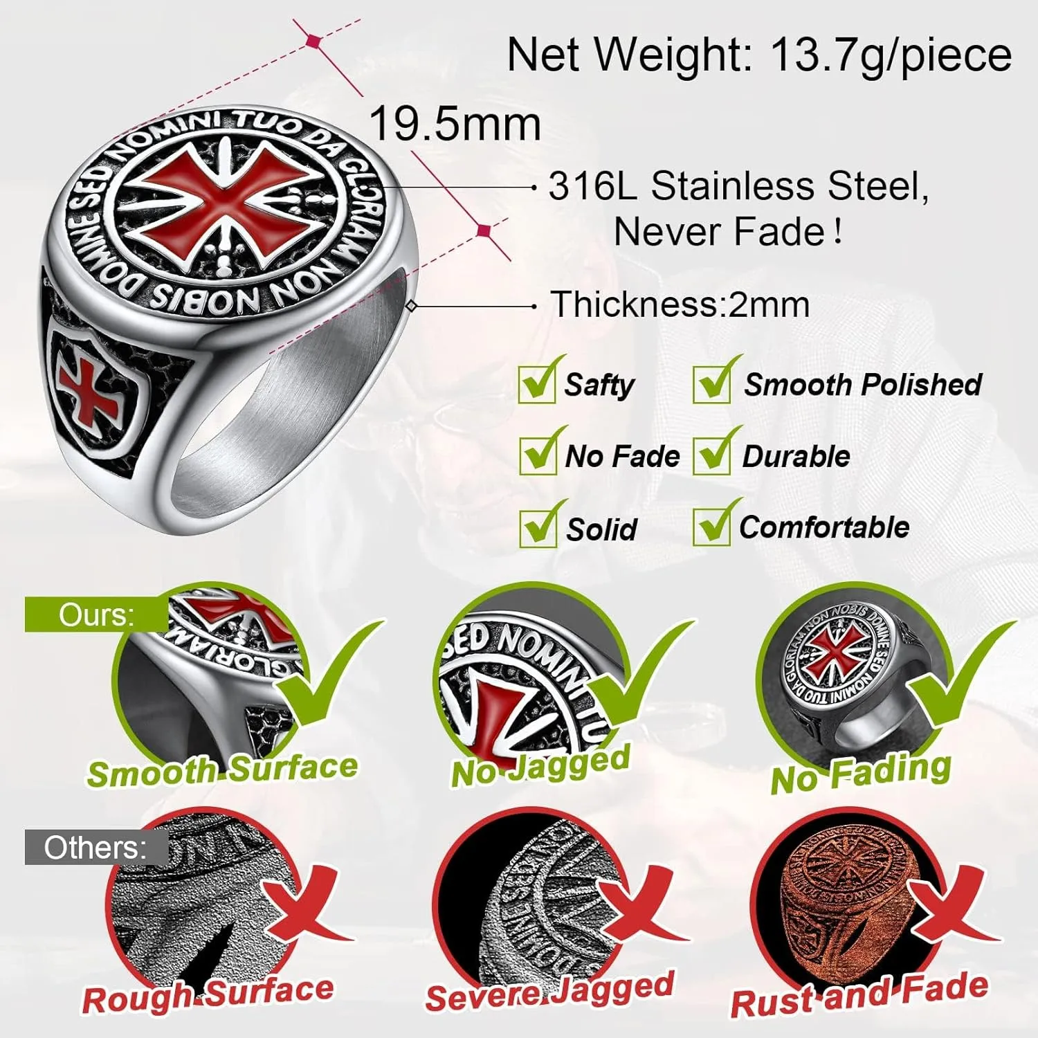 FaithHeart Mens Stainless Steel Crusader Jerusalem Cross Ring with 18K Gold Plated Two Tone Ring Size 7,8,9,10,11,12