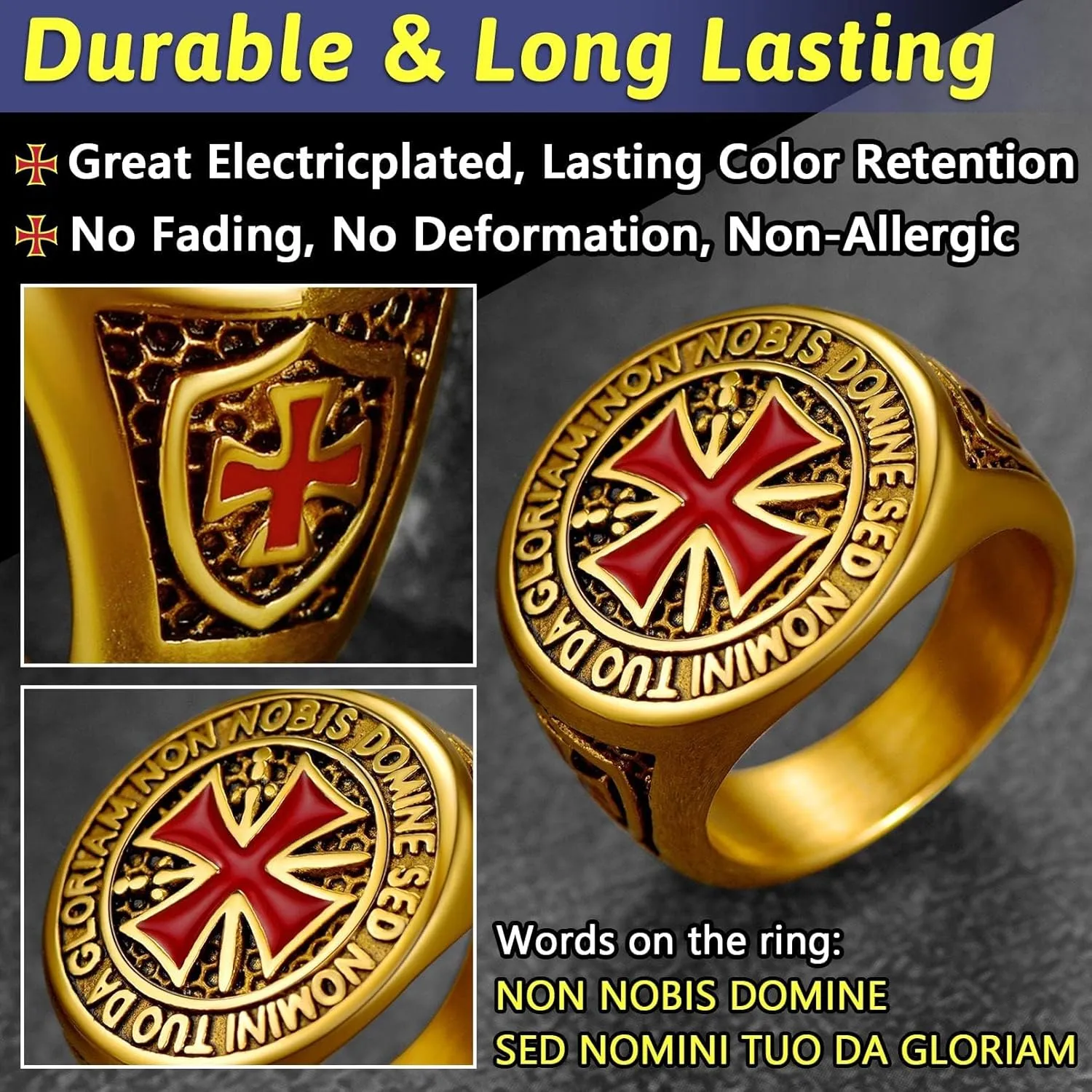 FaithHeart Mens Stainless Steel Crusader Jerusalem Cross Ring with 18K Gold Plated Two Tone Ring Size 7,8,9,10,11,12