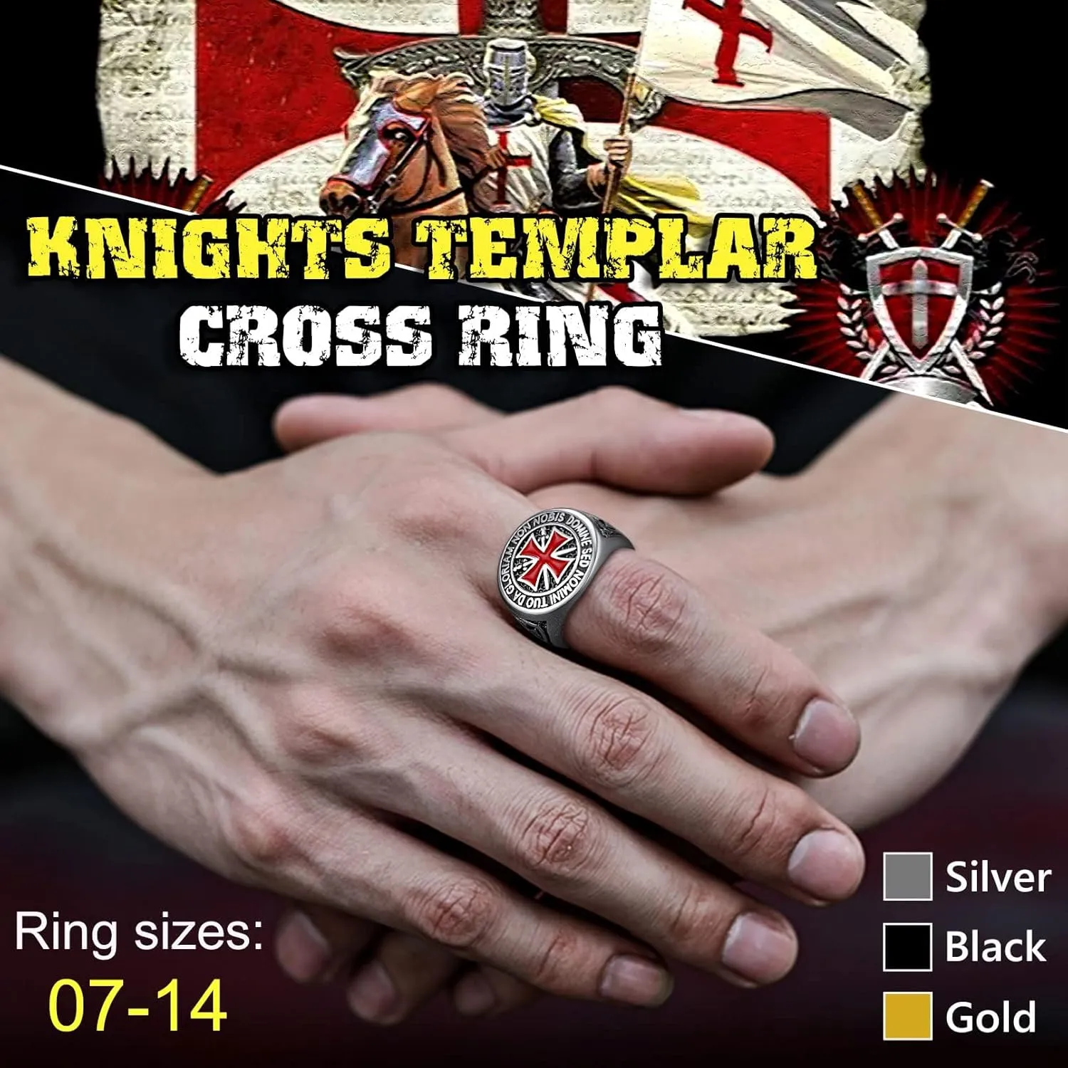 FaithHeart Mens Stainless Steel Crusader Jerusalem Cross Ring with 18K Gold Plated Two Tone Ring Size 7,8,9,10,11,12