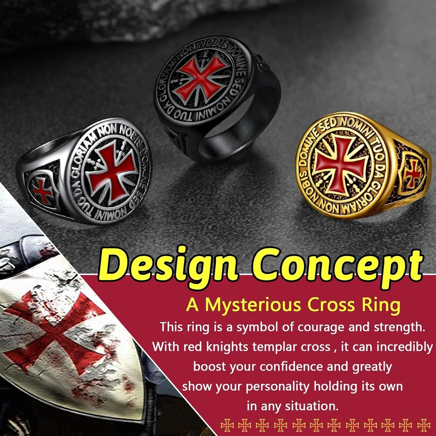 FaithHeart Mens Stainless Steel Crusader Jerusalem Cross Ring with 18K Gold Plated Two Tone Ring Size 7,8,9,10,11,12
