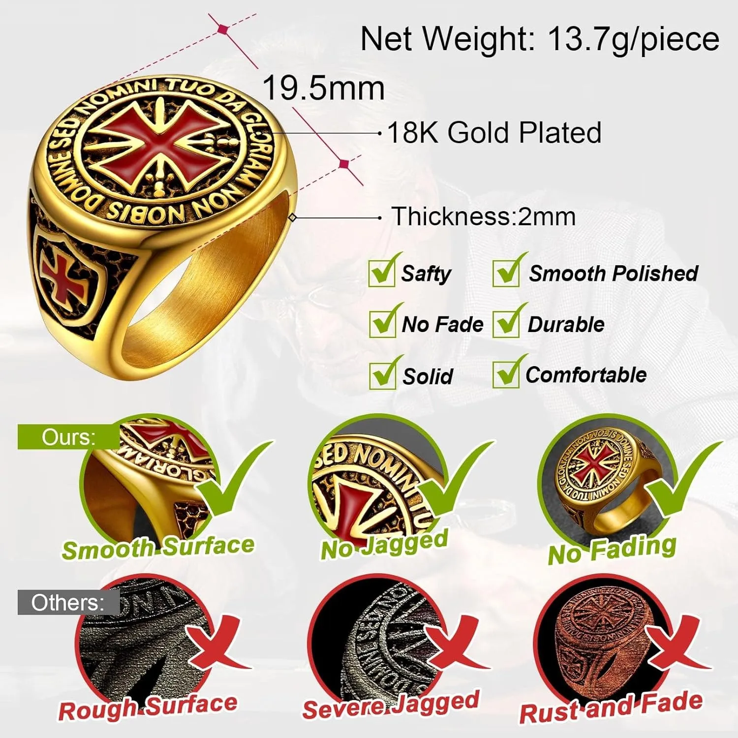 FaithHeart Mens Stainless Steel Crusader Jerusalem Cross Ring with 18K Gold Plated Two Tone Ring Size 7,8,9,10,11,12