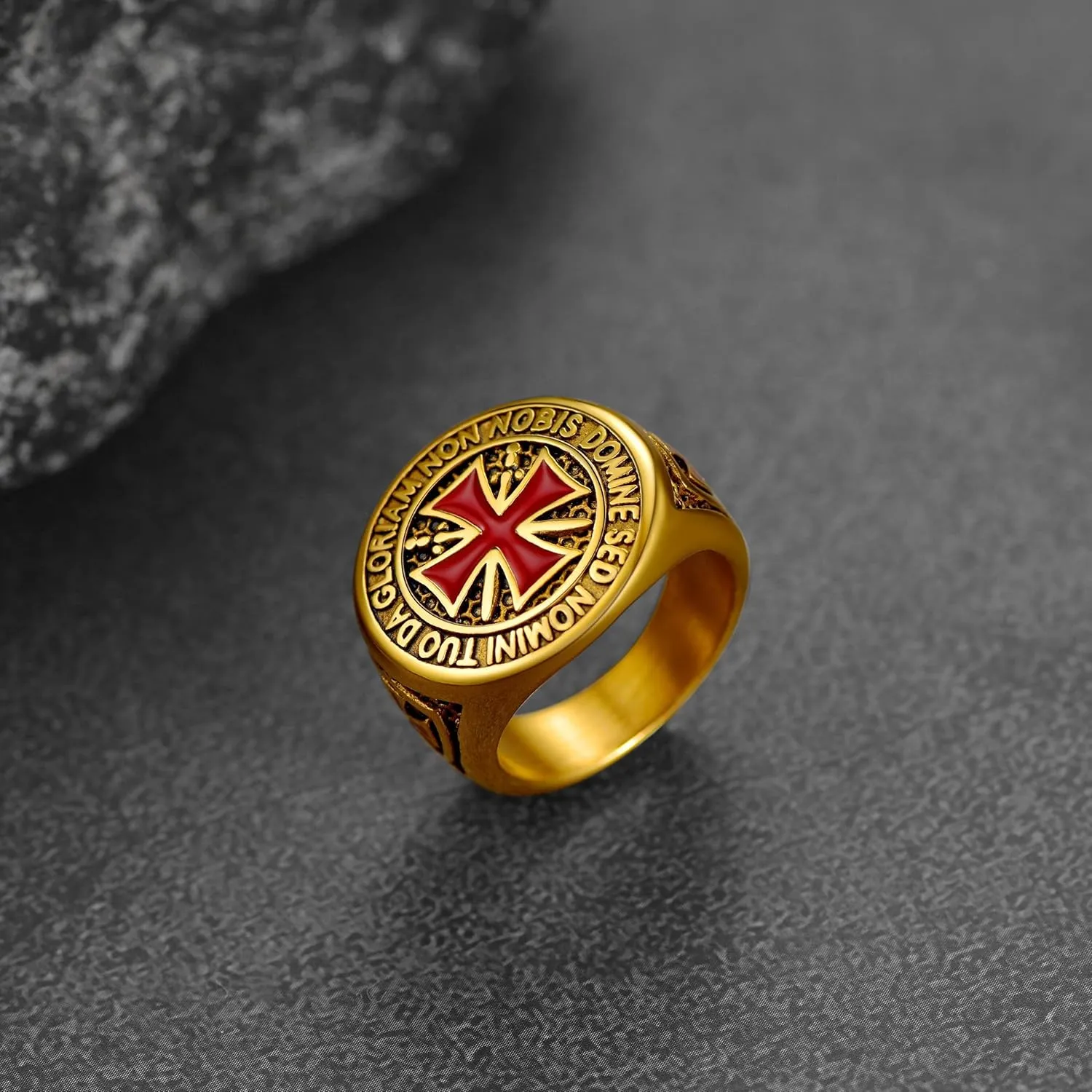 FaithHeart Mens Stainless Steel Crusader Jerusalem Cross Ring with 18K Gold Plated Two Tone Ring Size 7,8,9,10,11,12