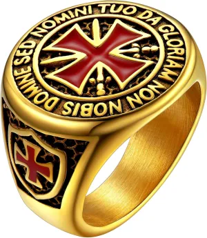 FaithHeart Mens Stainless Steel Crusader Jerusalem Cross Ring with 18K Gold Plated Two Tone Ring Size 7,8,9,10,11,12