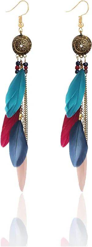 Feather earrings for Women Trendy Boho Handmade Natural Long Feather Dangle Statement Earrings Lightweight Vintage Bohemian Multicolor Ethnic style Tassel Earrings Jewery Gift