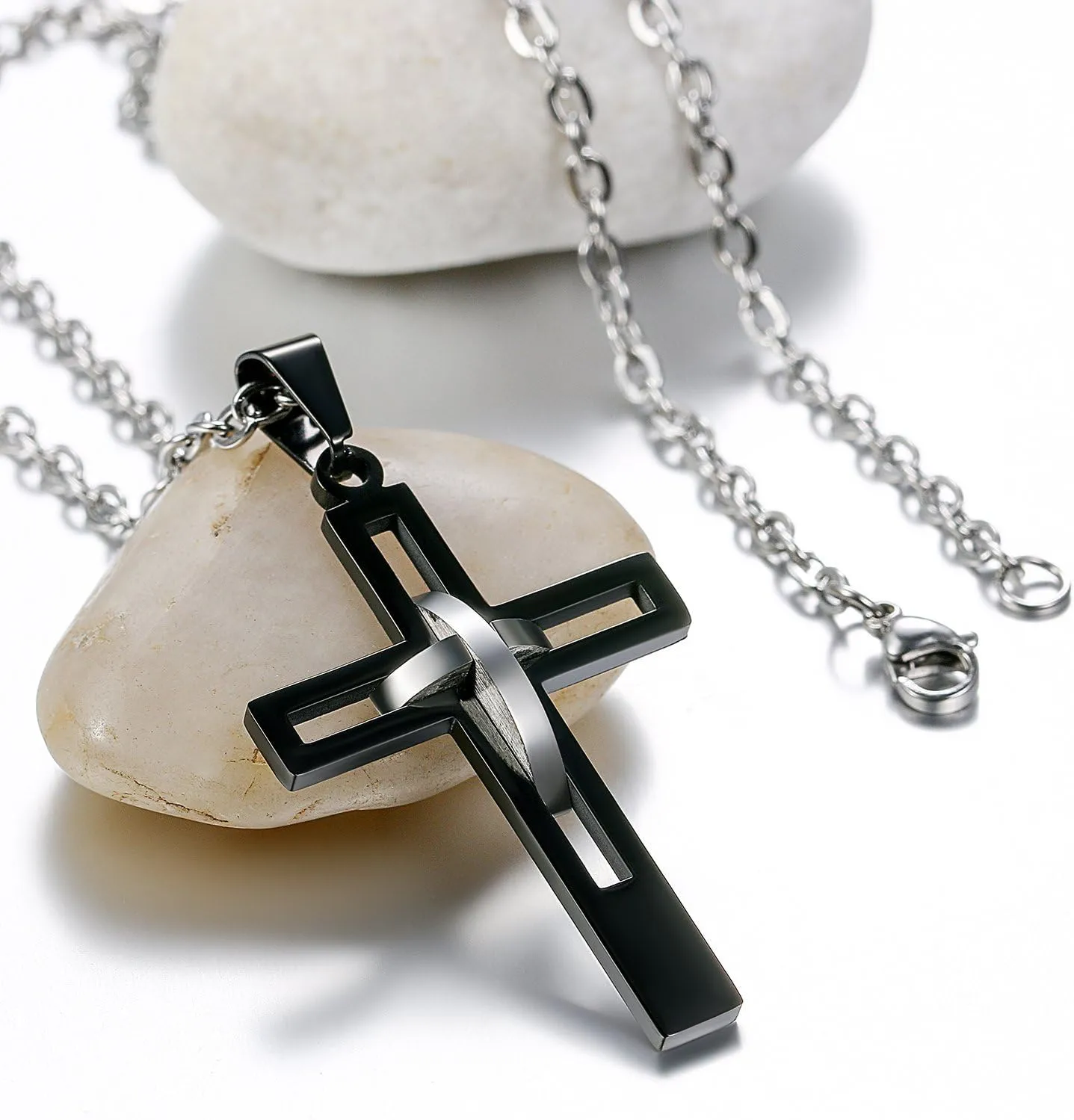 Flongo Men's Vintage Stainless Steel 2 Tone Hollowed Dual Cross Pendant Necklace, 22 inch Chain