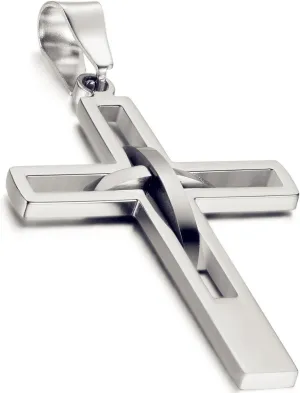 Flongo Men's Vintage Stainless Steel 2 Tone Hollowed Dual Cross Pendant Necklace, 22 inch Chain