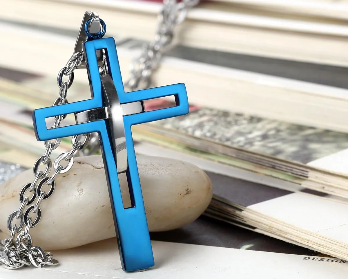Flongo Men's Vintage Stainless Steel 2 Tone Hollowed Dual Cross Pendant Necklace, 22 inch Chain