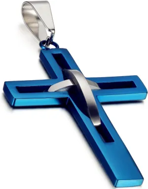 Flongo Men's Vintage Stainless Steel 2 Tone Hollowed Dual Cross Pendant Necklace, 22 inch Chain