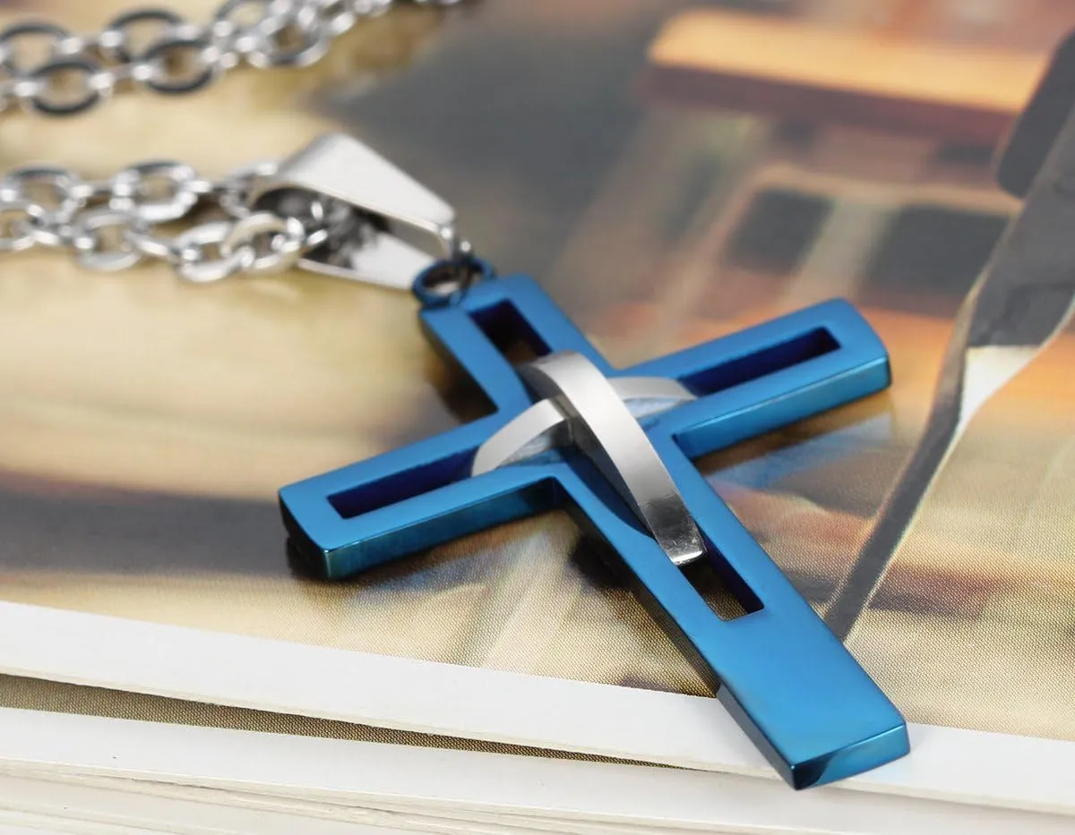 Flongo Men's Vintage Stainless Steel 2 Tone Hollowed Dual Cross Pendant Necklace, 22 inch Chain