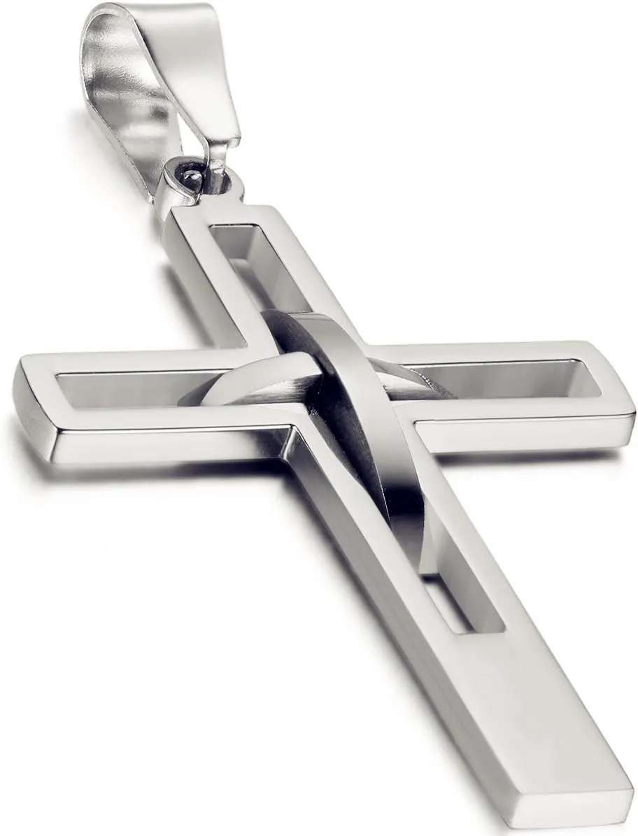 Flongo Men's Vintage Stainless Steel 2 Tone Hollowed Dual Cross Pendant Necklace, 22 inch Chain