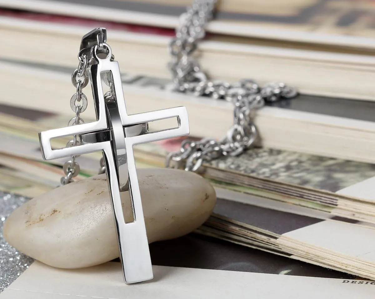 Flongo Men's Vintage Stainless Steel 2 Tone Hollowed Dual Cross Pendant Necklace, 22 inch Chain