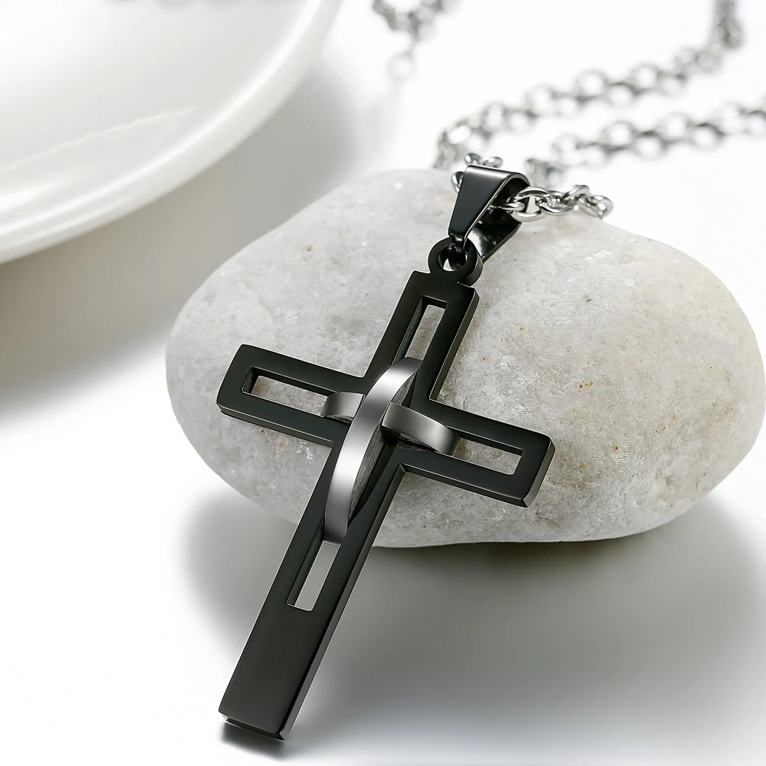 Flongo Men's Vintage Stainless Steel 2 Tone Hollowed Dual Cross Pendant Necklace, 22 inch Chain