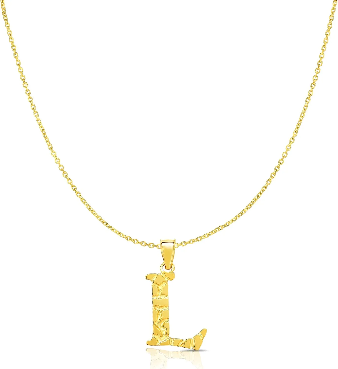 Floreo 10k Yellow Gold Nugget Style Block Personalized Initial Alphabet Pendant with Optional 18" Necklace