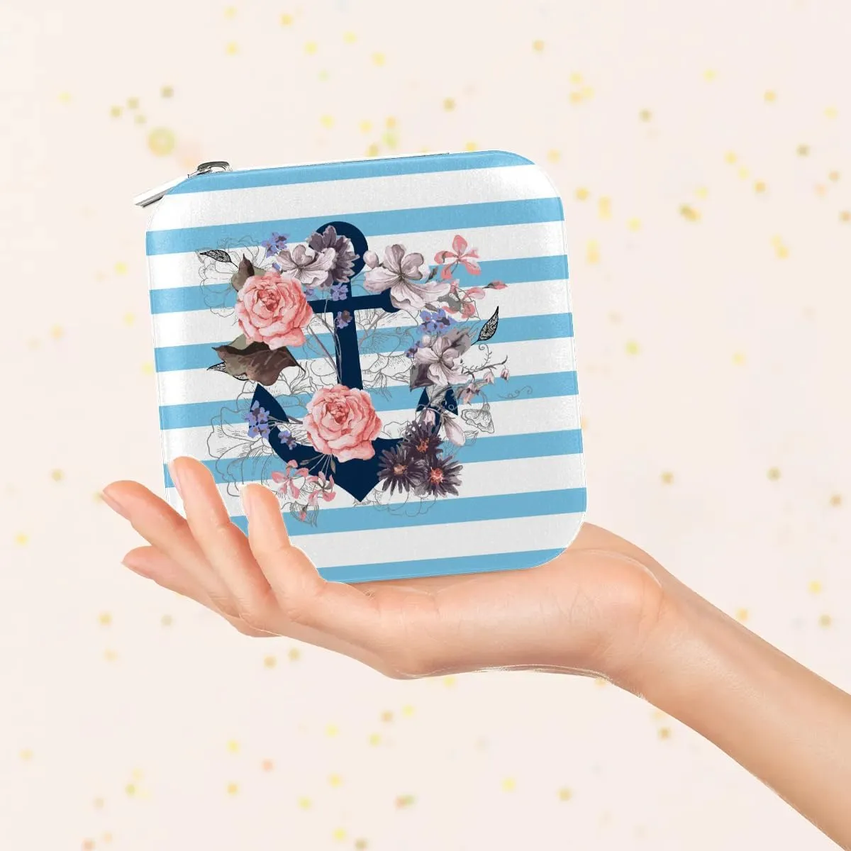 Flowers Anchor Blue Stripes Travel Jewelry Case Organizer, Jewelry Boxes with Mirror, PU Leather Jewelry Storage Holder for Rings Earrings Pendants Necklaces, Gifts for Girls Women