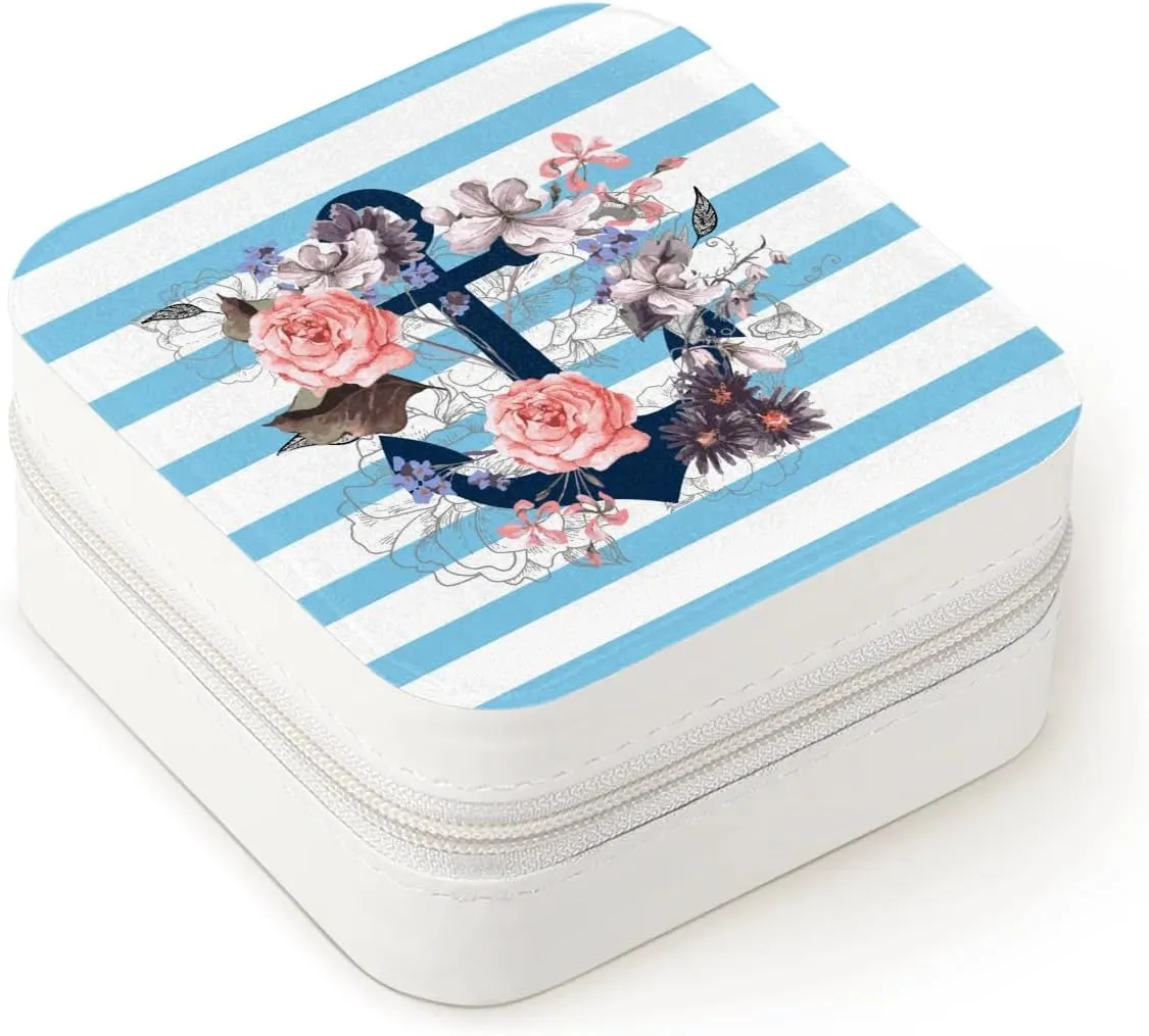 Flowers Anchor Blue Stripes Travel Jewelry Case Organizer, Jewelry Boxes with Mirror, PU Leather Jewelry Storage Holder for Rings Earrings Pendants Necklaces, Gifts for Girls Women
