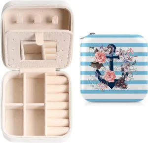 Flowers Anchor Blue Stripes Travel Jewelry Case Organizer, Jewelry Boxes with Mirror, PU Leather Jewelry Storage Holder for Rings Earrings Pendants Necklaces, Gifts for Girls Women