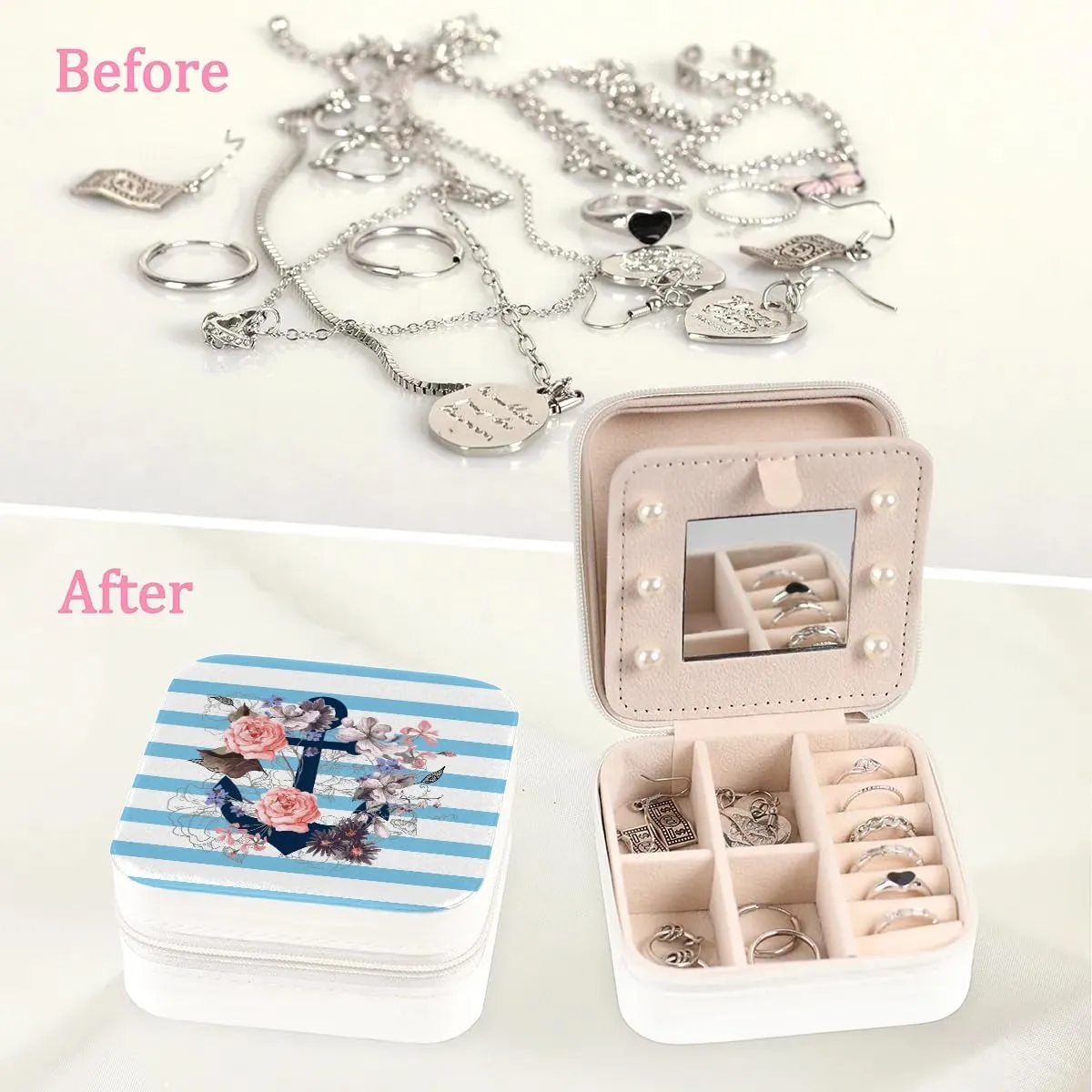 Flowers Anchor Blue Stripes Travel Jewelry Case Organizer, Jewelry Boxes with Mirror, PU Leather Jewelry Storage Holder for Rings Earrings Pendants Necklaces, Gifts for Girls Women