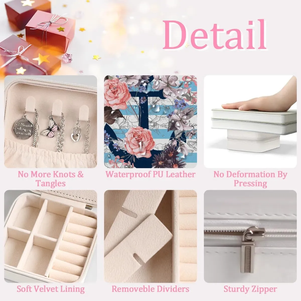 Flowers Anchor Blue Stripes Travel Jewelry Case Organizer, Jewelry Boxes with Mirror, PU Leather Jewelry Storage Holder for Rings Earrings Pendants Necklaces, Gifts for Girls Women